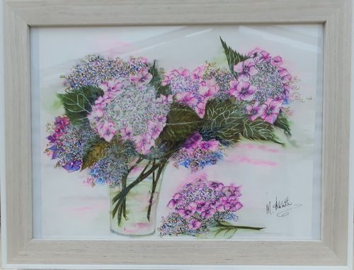 Maggie, Lacecap Hydrangeas, watercolour pens & pencils & ink.
